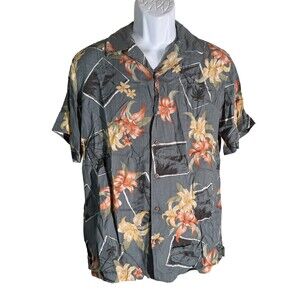 FIRST WAVE Men's Short Sleeve Button Down Floral Rayon Shirt Gray Size 18